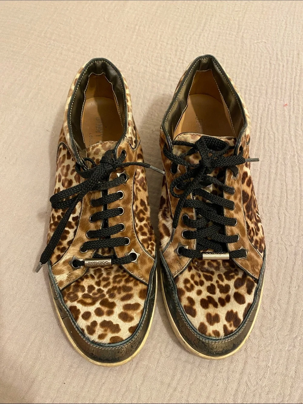 ImmJIMMY CHOO Leopard Print Leather Lace-Up Sneakers - Designer Style. Size 37.5